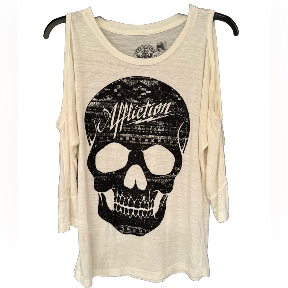 Affliction Women’s White Black Skull 3/4 Sleeve w/cut out shoulders Size XS - Picture 2 of 9
